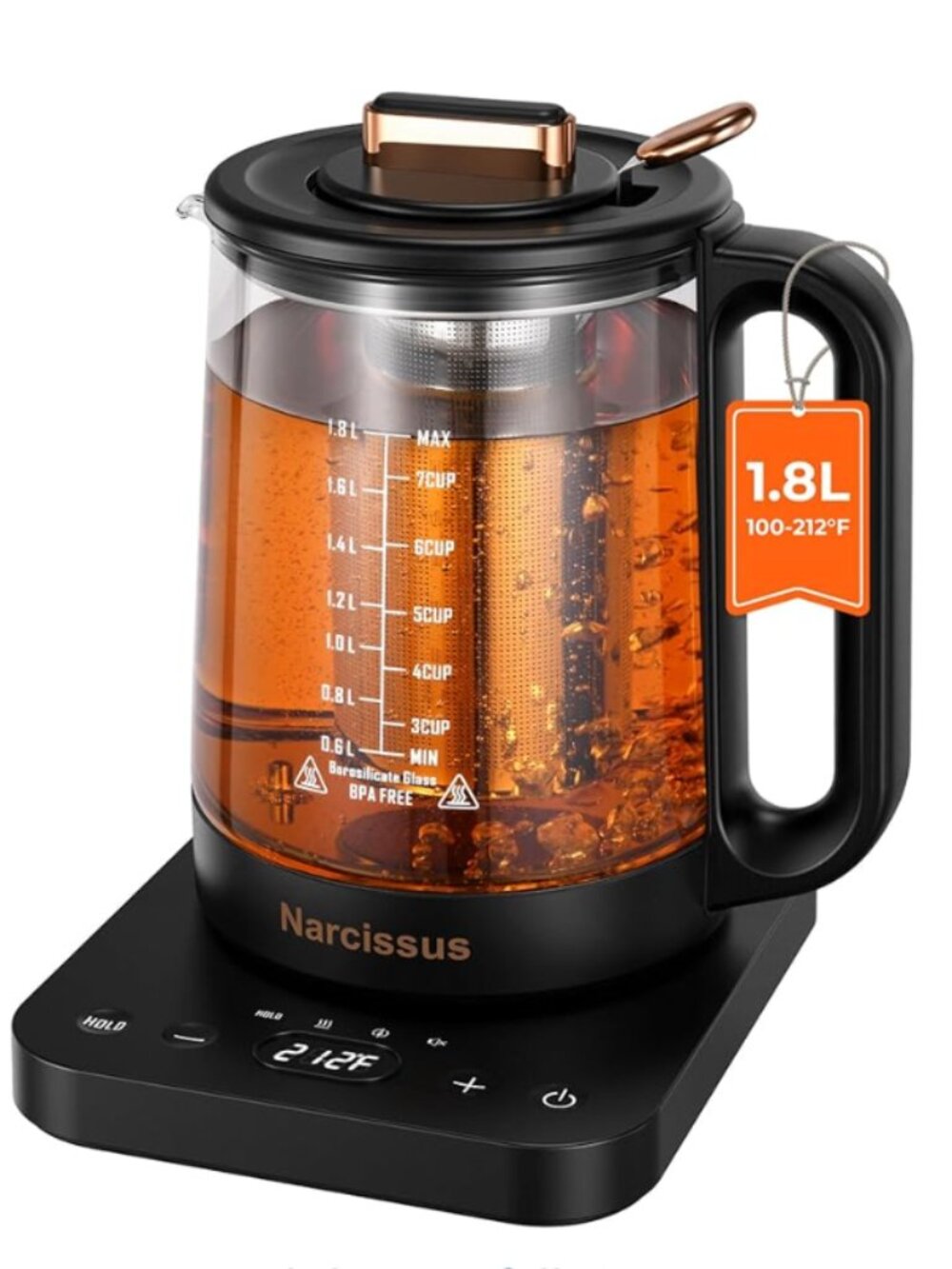 Narcissus Electric Kettle Temperature Control ±5℉, 1.8L Glass Electric